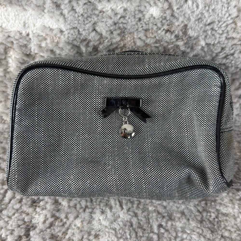 Dior Houndstooth Bow Charm F918128000 Cosmetic Makeup Bag Black White